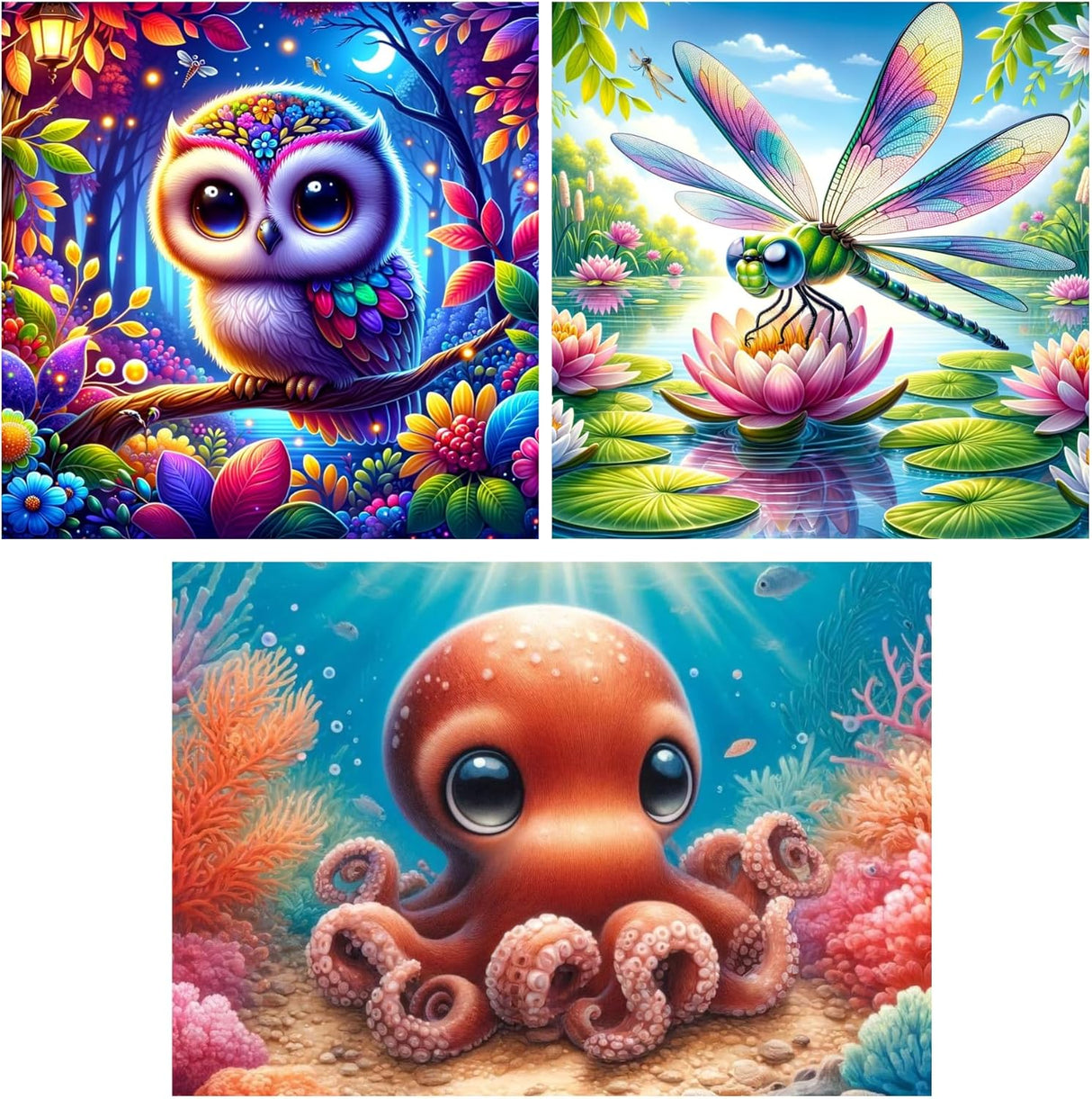 3 Pack Small Diamond Art Kits | Owl, Dragonfly & Octopus