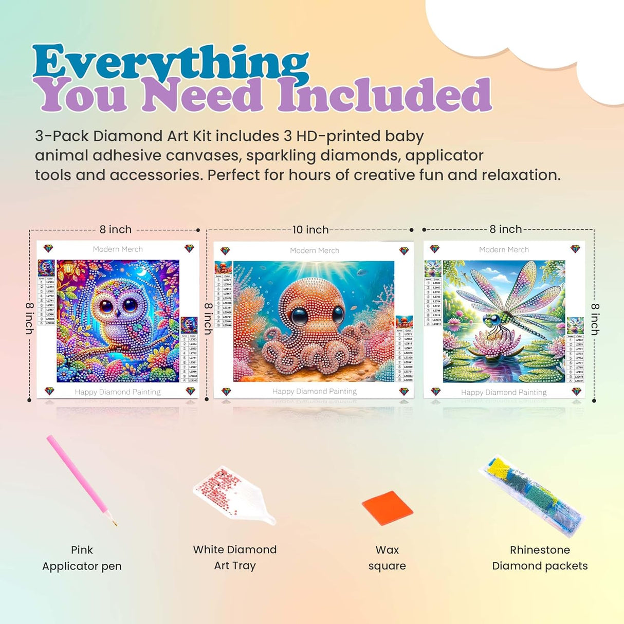 3 Pack Small Diamond Art Kits | Owl, Dragonfly & Octopus
