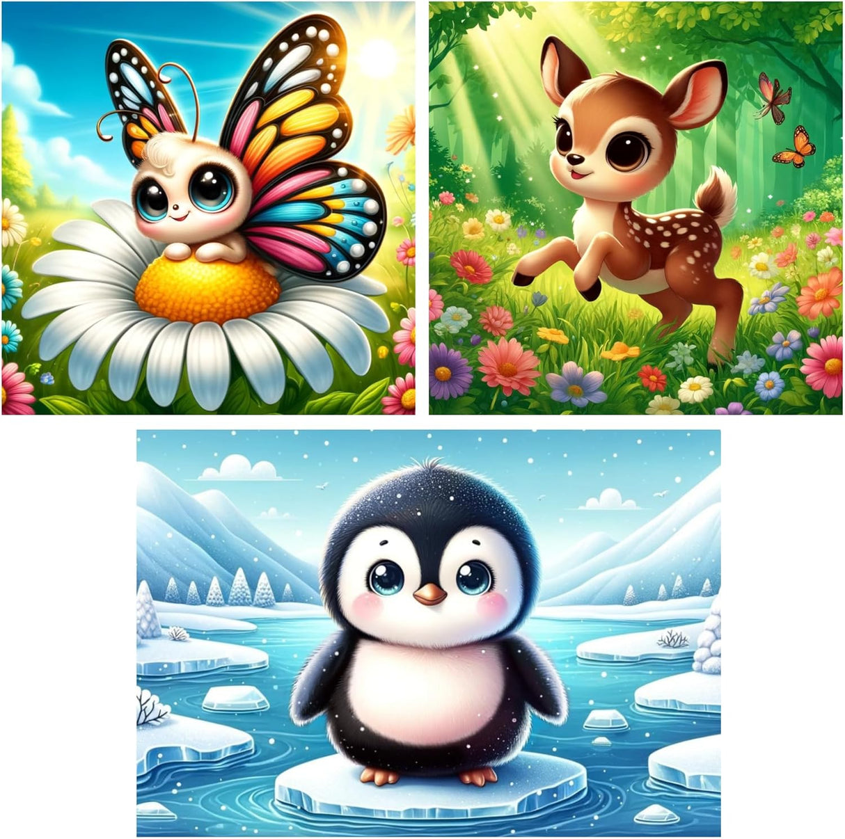 3 Pack Small Diamond Art Kits | Butterfly, Deer & Penguin