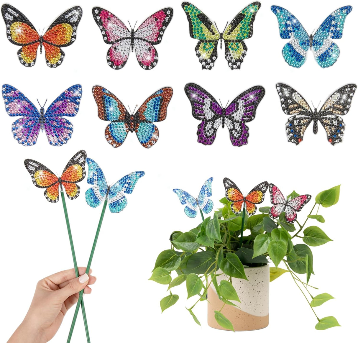 8 Pack Butterfly Diamond Painting Kit for Garden Decor with Invisible Green Stakes