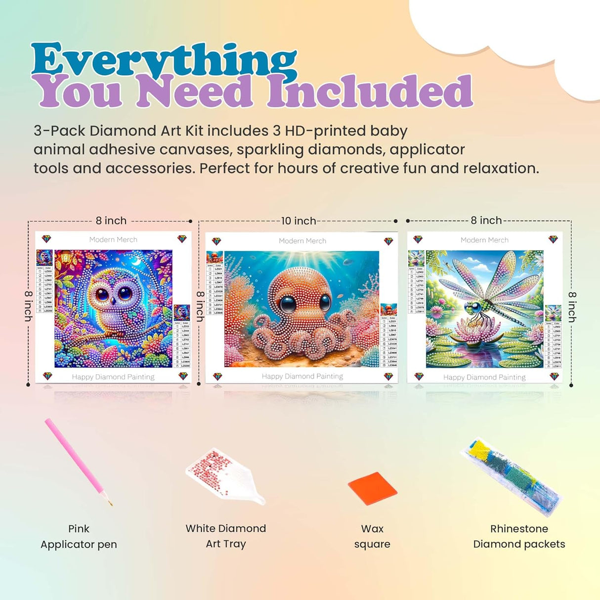 Owl, Dragonfly & Octopus 3 Pack Small Diamond Art Kits for Kids