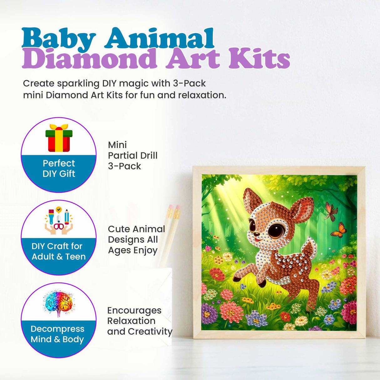 3 Pack Small Diamond Art Kits | Butterfly, Deer & Penguin